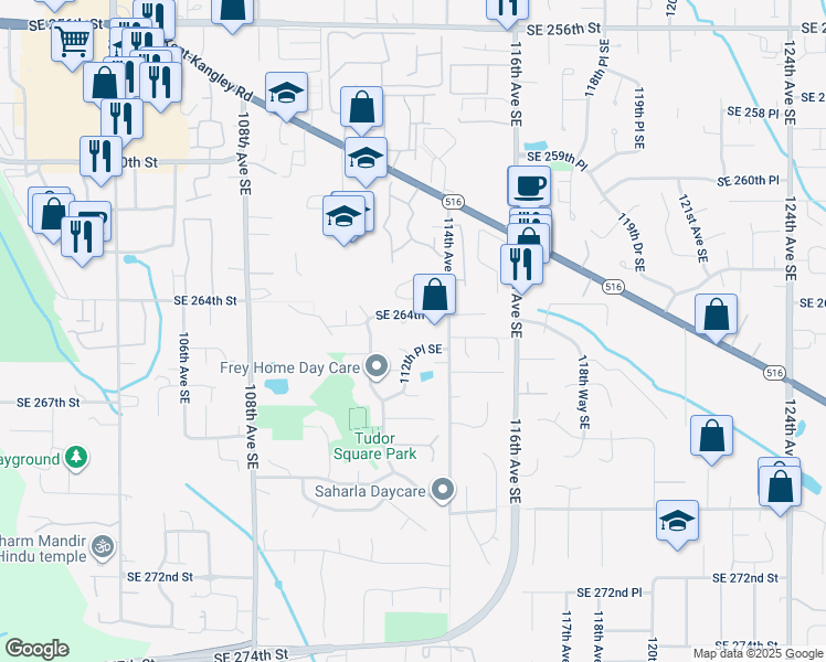 map of restaurants, bars, coffee shops, grocery stores, and more near 11315 Southeast 265th Place in Kent