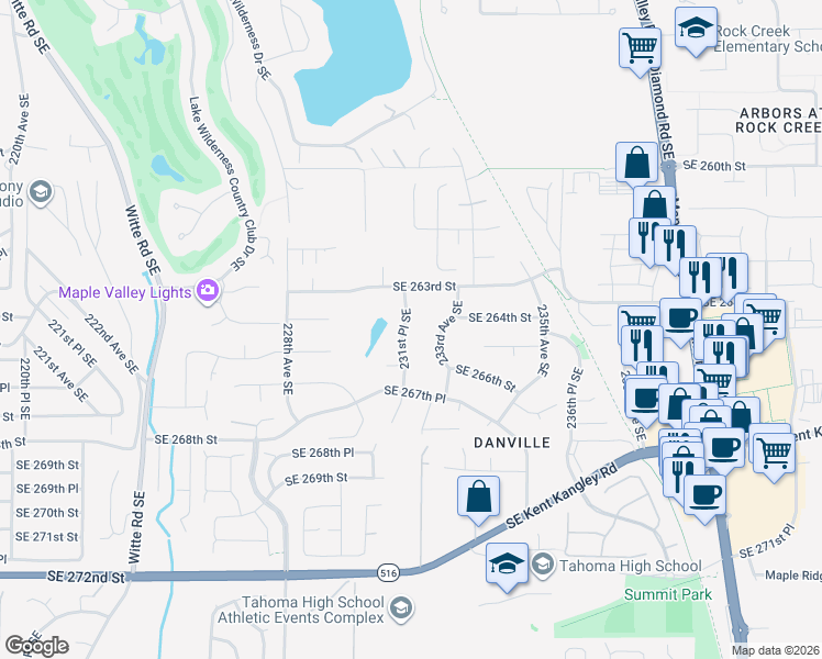 map of restaurants, bars, coffee shops, grocery stores, and more near 26428 231st Place Southeast in Maple Valley