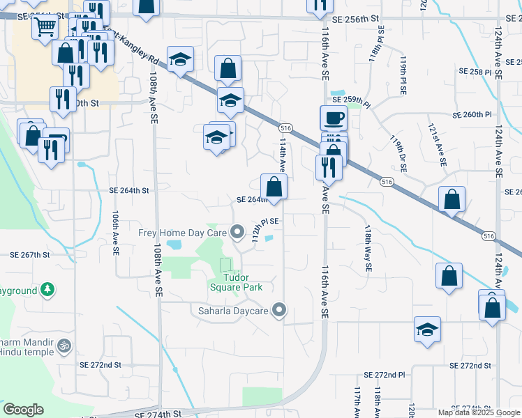 map of restaurants, bars, coffee shops, grocery stores, and more near 11315 Southeast 265th Place in Kent
