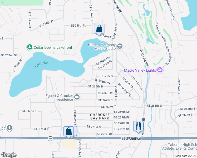 map of restaurants, bars, coffee shops, grocery stores, and more near 21806 Southeast 265th Way in Maple Valley