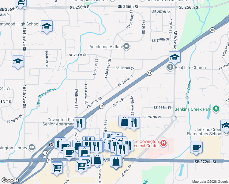 map of restaurants, bars, coffee shops, grocery stores, and more near 17161 Southeast 264th Street in Covington