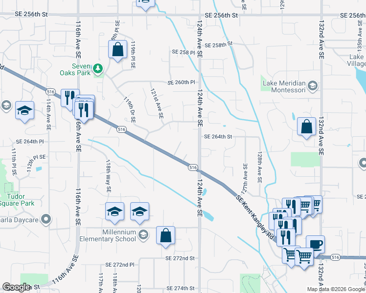 map of restaurants, bars, coffee shops, grocery stores, and more near 12203 Washington 516 in Kent