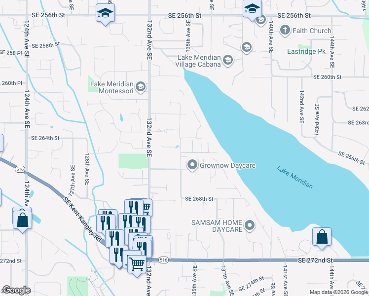 map of restaurants, bars, coffee shops, grocery stores, and more near 26503 134th Avenue Southeast in Kent