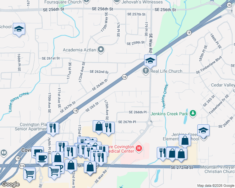 map of restaurants, bars, coffee shops, grocery stores, and more near 26502 176 Place Southeast in Covington