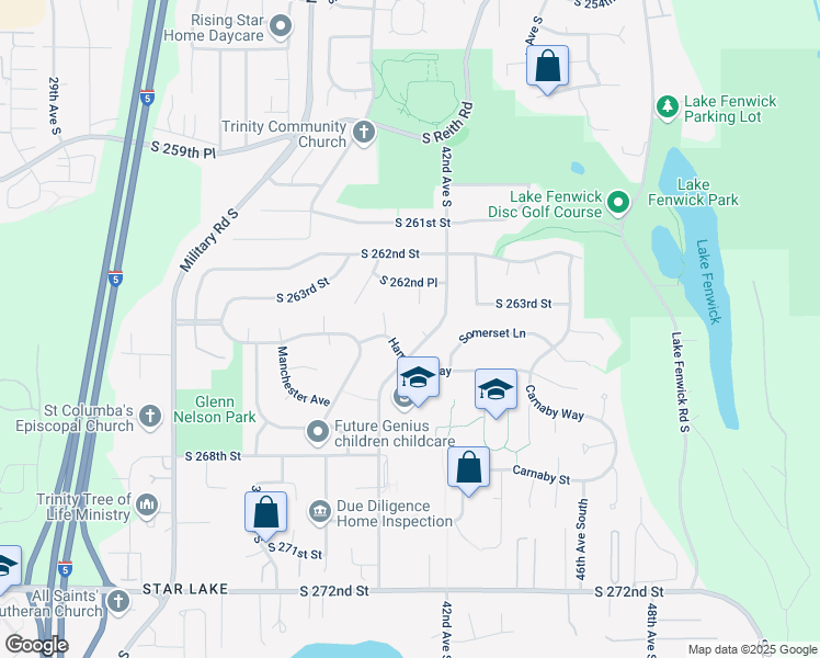 map of restaurants, bars, coffee shops, grocery stores, and more near 26245 41st Place South in Kent