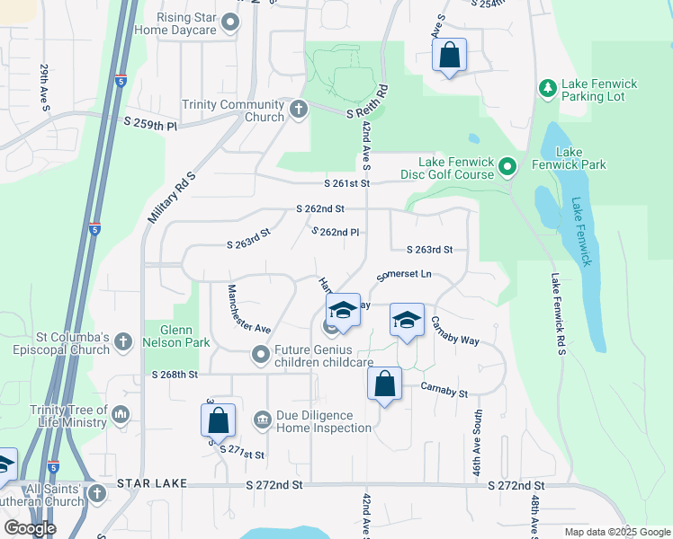 map of restaurants, bars, coffee shops, grocery stores, and more near 26245 41st Place South in Kent