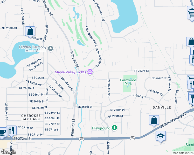 map of restaurants, bars, coffee shops, grocery stores, and more near 22605 Southeast 264th Place in Maple Valley