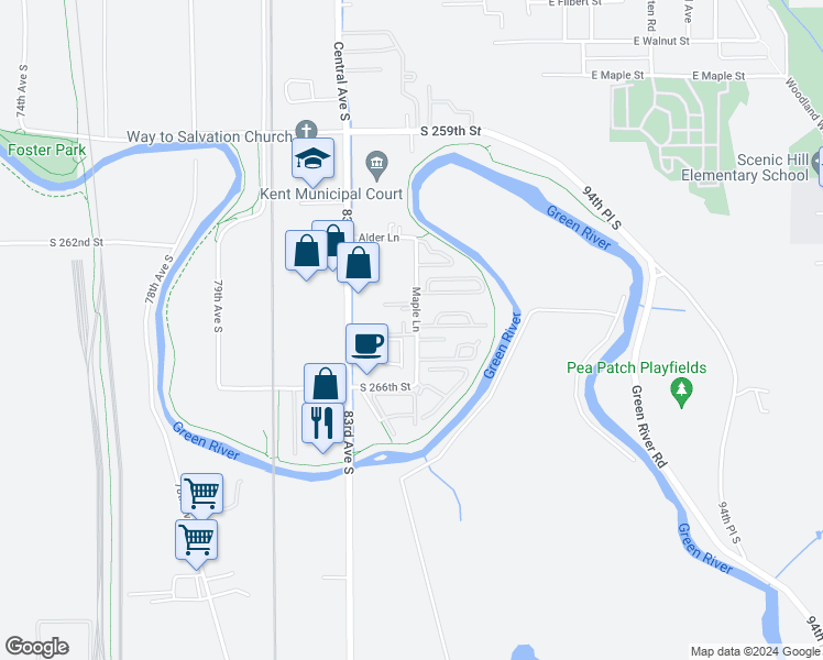 map of restaurants, bars, coffee shops, grocery stores, and more near 1617 Maple Lane in Kent