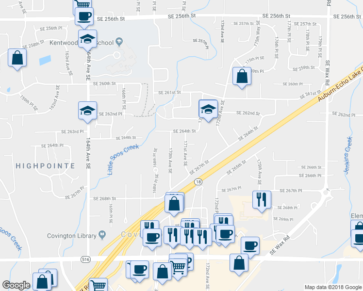 map of restaurants, bars, coffee shops, grocery stores, and more near 26429 171st Avenue Southeast in Kent