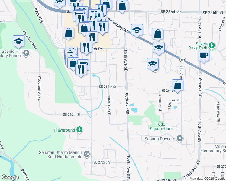 map of restaurants, bars, coffee shops, grocery stores, and more near 10620 Southeast 264th Street in Kent