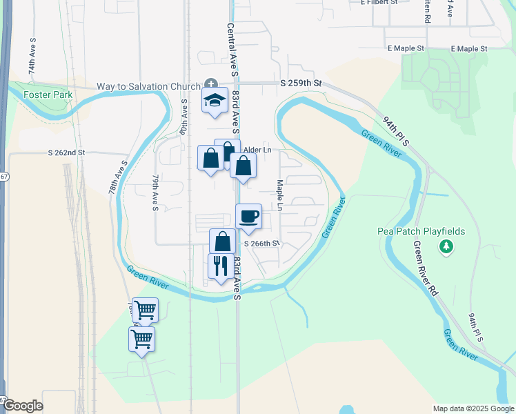 map of restaurants, bars, coffee shops, grocery stores, and more near 1613 Maple Lane in Kent