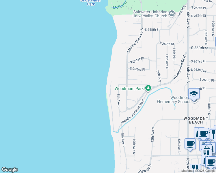 map of restaurants, bars, coffee shops, grocery stores, and more near 26409 7th Avenue South in Des Moines