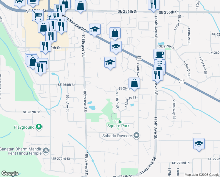map of restaurants, bars, coffee shops, grocery stores, and more near 11102 Southeast 264th Place in Kent