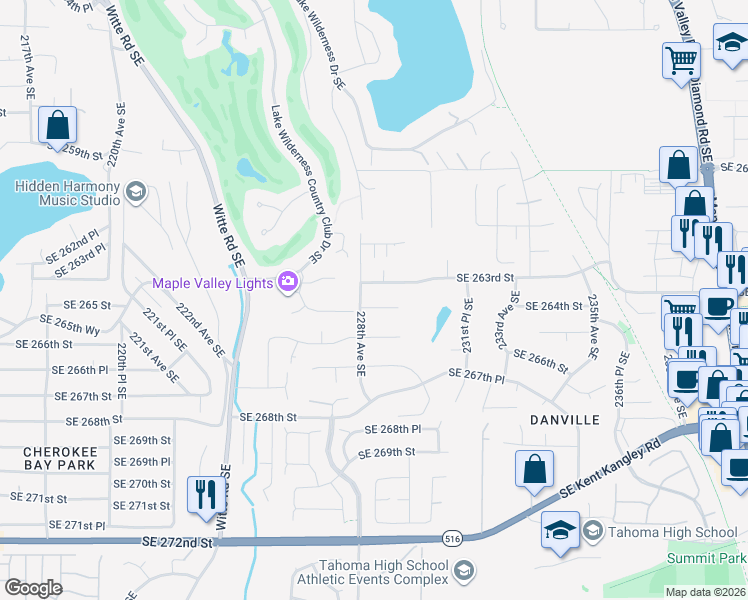 map of restaurants, bars, coffee shops, grocery stores, and more near 22852 Southeast 263rd Street in Maple Valley