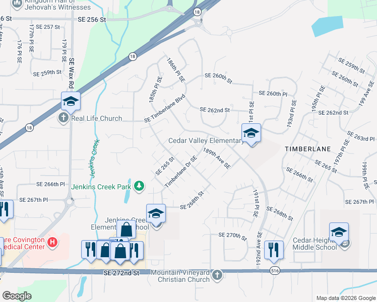 map of restaurants, bars, coffee shops, grocery stores, and more near 26312 187th Court Southeast in Covington
