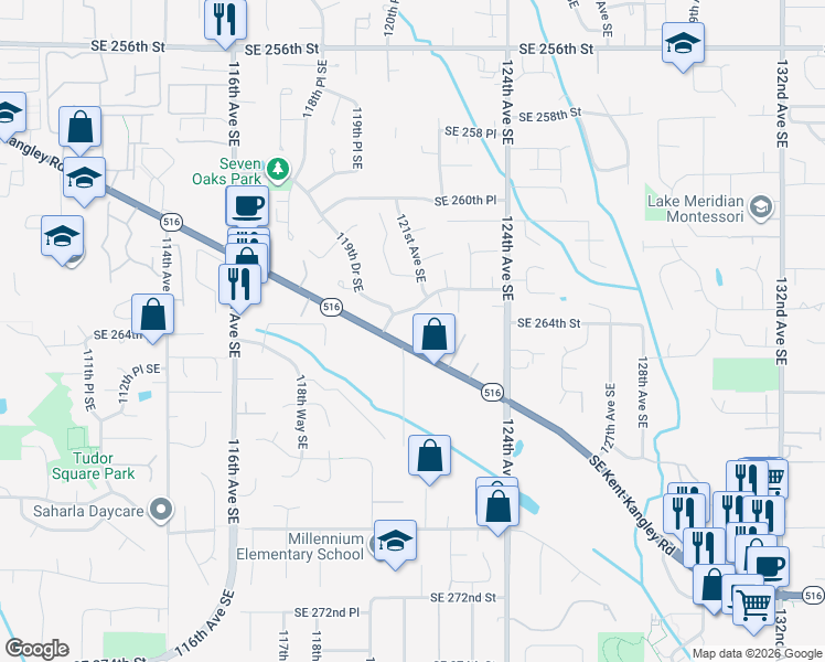 map of restaurants, bars, coffee shops, grocery stores, and more near 12023 Southeast 263rd Street in Kent