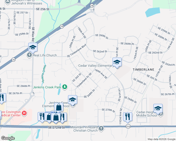 map of restaurants, bars, coffee shops, grocery stores, and more near 26312 187th Court Southeast in Covington