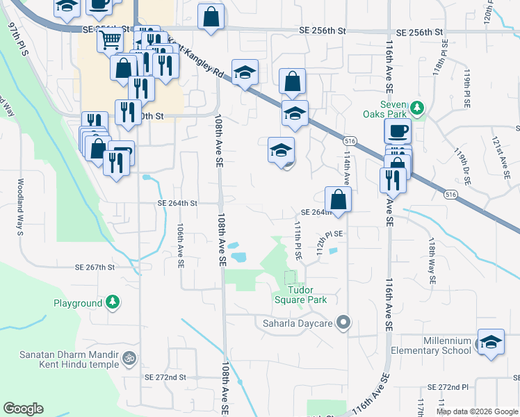 map of restaurants, bars, coffee shops, grocery stores, and more near 26410 110th Place Southeast in Kent