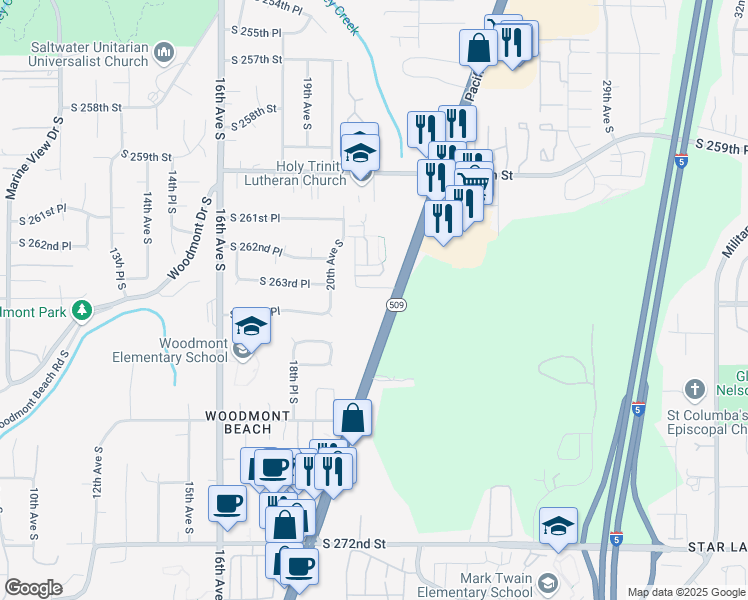 map of restaurants, bars, coffee shops, grocery stores, and more near 26401 Pacific Highway South in Des Moines