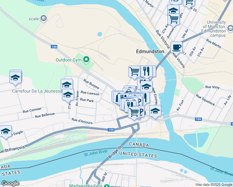 map of restaurants, bars, coffee shops, grocery stores, and more near 110 Chemin Canada in Edmundston