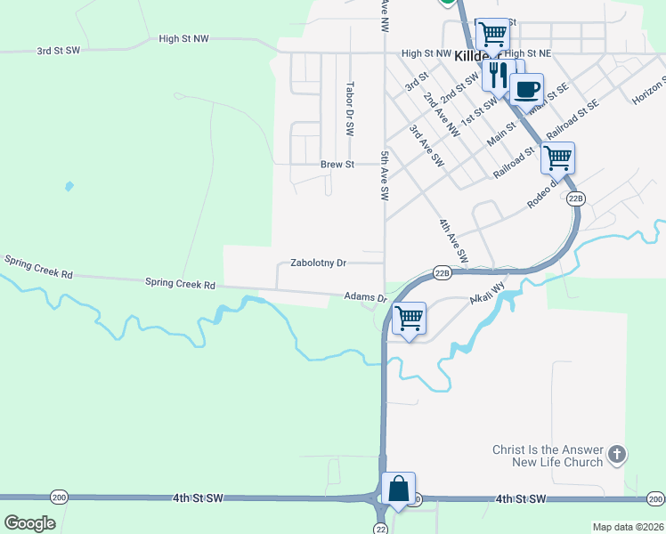 map of restaurants, bars, coffee shops, grocery stores, and more near 624 Zabolotny Drive in Killdeer