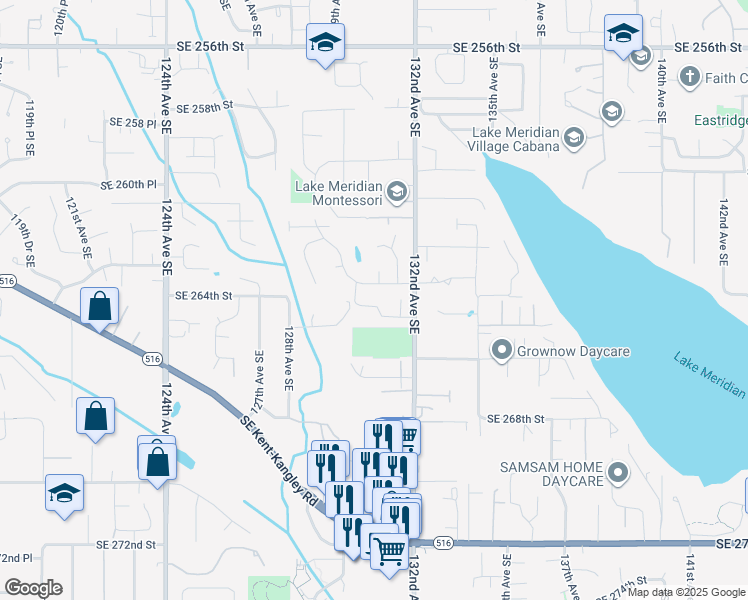 map of restaurants, bars, coffee shops, grocery stores, and more near 13011 Southeast 263rd Place in Kent