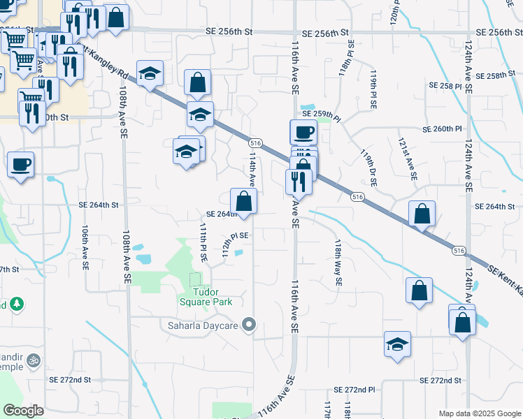 map of restaurants, bars, coffee shops, grocery stores, and more near 26335 116th Avenue Southeast in Kent