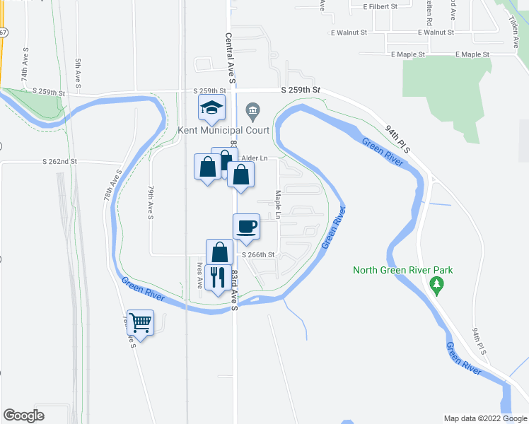 map of restaurants, bars, coffee shops, grocery stores, and more near 1529 Maple Lane in Kent