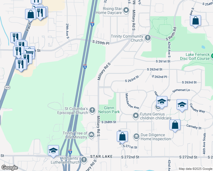map of restaurants, bars, coffee shops, grocery stores, and more near 26236 33rd Avenue South in Kent