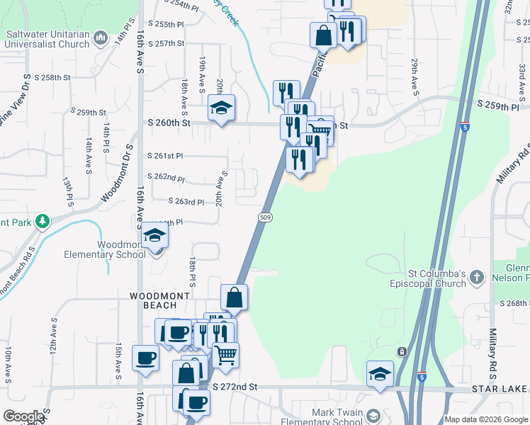 map of restaurants, bars, coffee shops, grocery stores, and more near 26285 Pacific Highway South in Des Moines