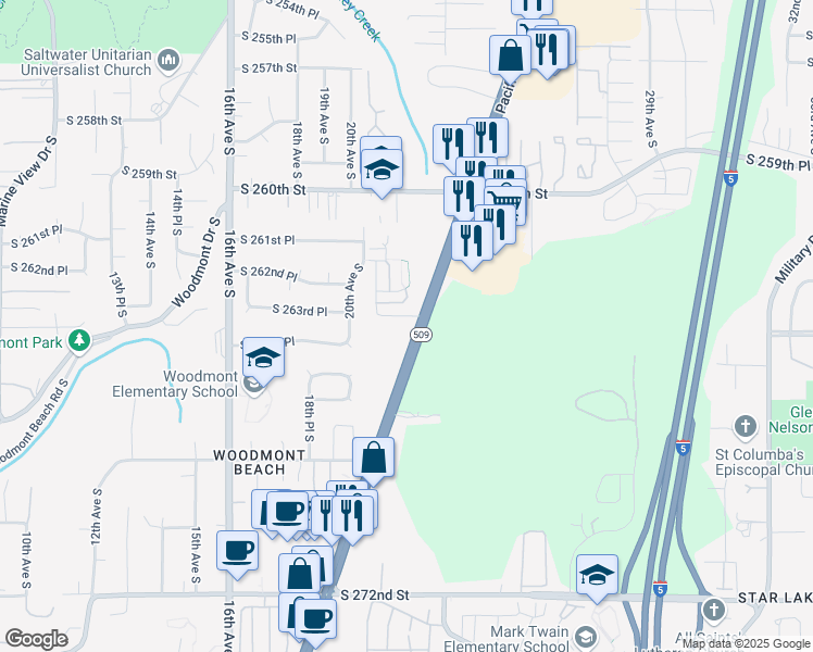 map of restaurants, bars, coffee shops, grocery stores, and more near 26401 Pacific Highway South in Des Moines