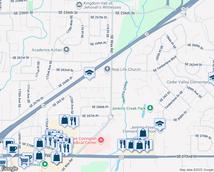 map of restaurants, bars, coffee shops, grocery stores, and more near 17922 Southeast 265 Street in Covington