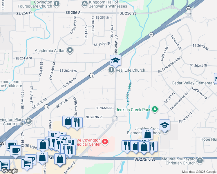 map of restaurants, bars, coffee shops, grocery stores, and more near 26315-26393 180th Ave SE in Covington