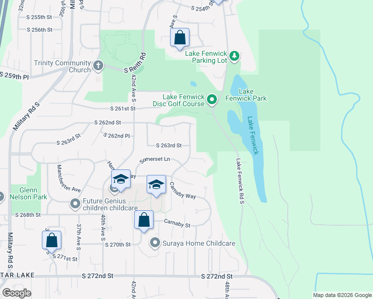 map of restaurants, bars, coffee shops, grocery stores, and more near 4516 South 263rd Street in Kent