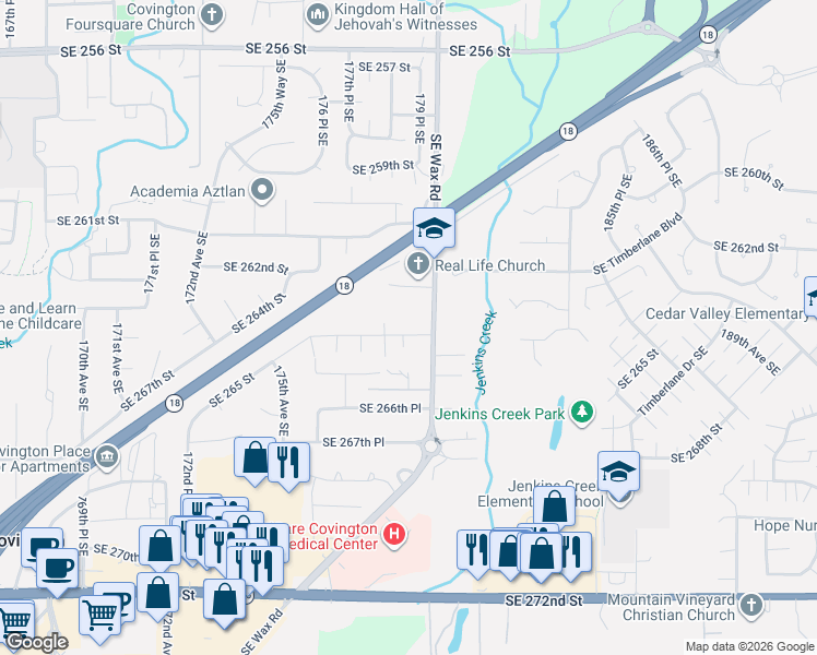 map of restaurants, bars, coffee shops, grocery stores, and more near 26315-26393 180th Ave SE in Covington