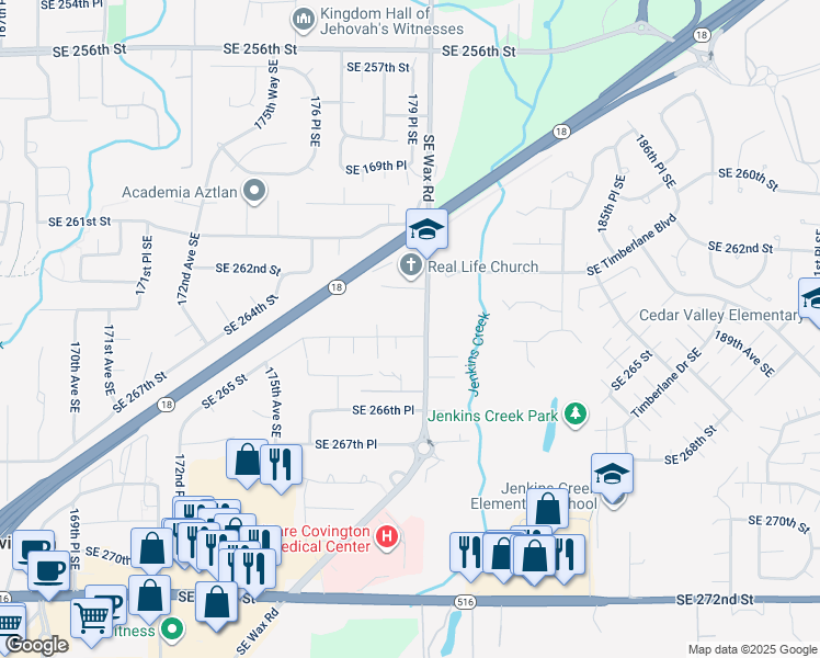 map of restaurants, bars, coffee shops, grocery stores, and more near 17922 Southeast 265 Street in Covington