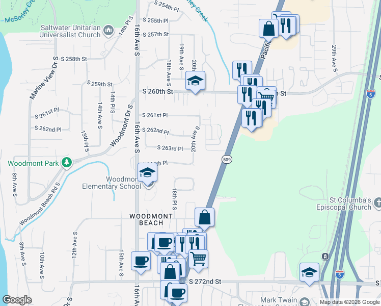 map of restaurants, bars, coffee shops, grocery stores, and more near 26307 20th Avenue South in Des Moines