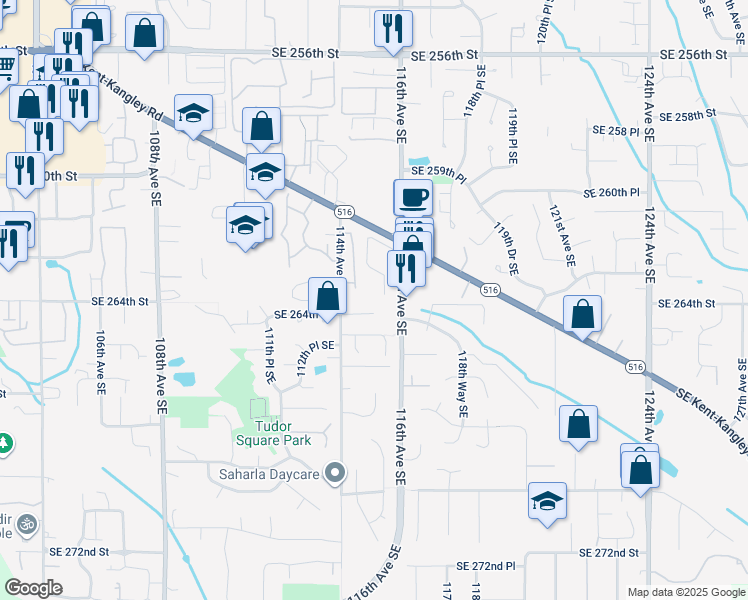 map of restaurants, bars, coffee shops, grocery stores, and more near 26335 116th Avenue Southeast in Kent