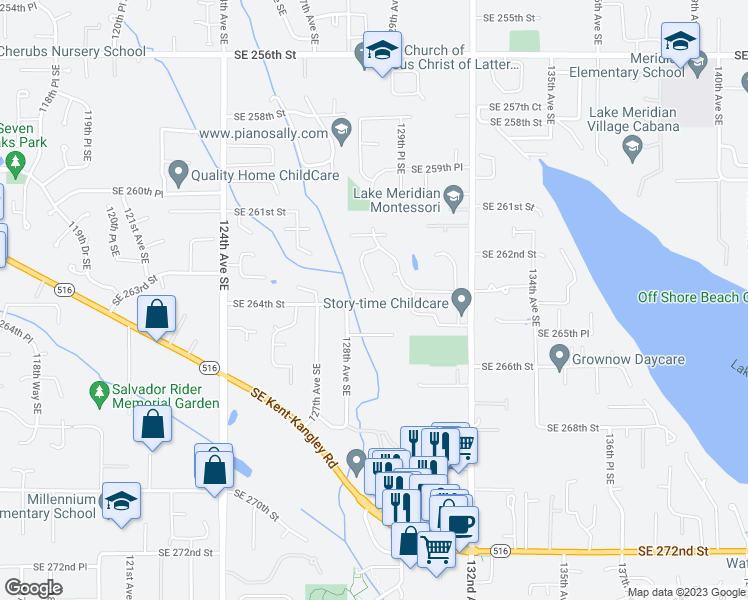 map of restaurants, bars, coffee shops, grocery stores, and more near 12822 Southeast 262nd Place in Kent