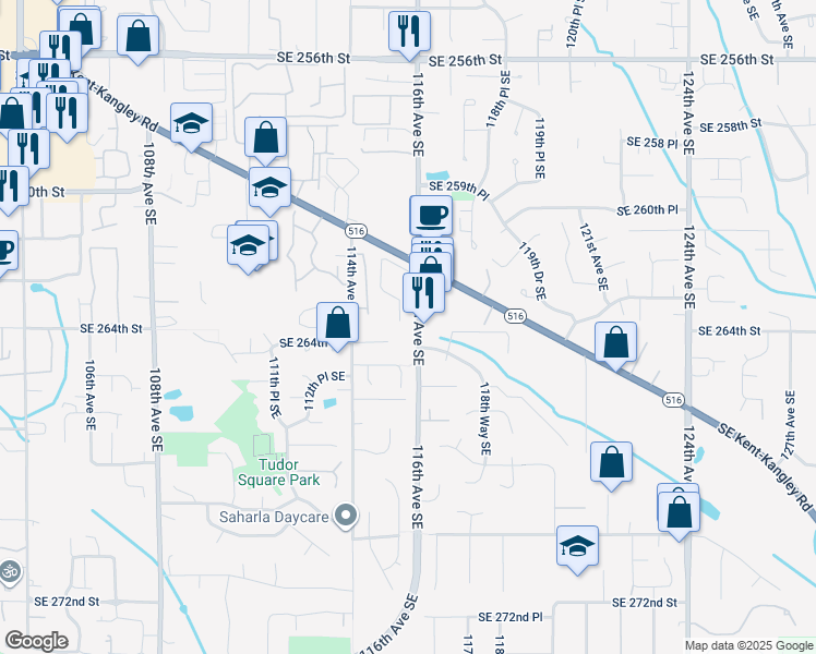 map of restaurants, bars, coffee shops, grocery stores, and more near 26327 116th Avenue Southeast in Kent