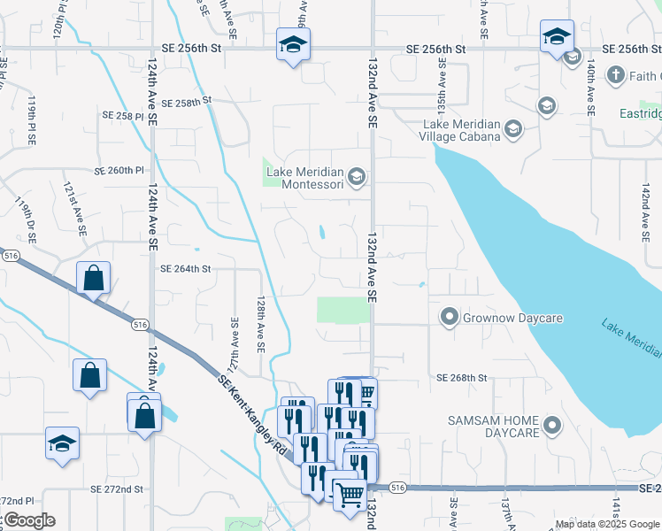 map of restaurants, bars, coffee shops, grocery stores, and more near 13011 Southeast 263rd Place in Kent