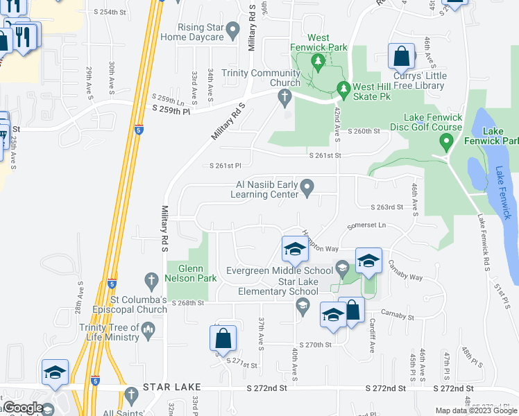 map of restaurants, bars, coffee shops, grocery stores, and more near 26418 Yale Court in Kent