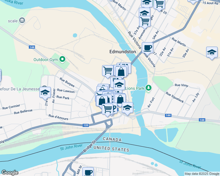 map of restaurants, bars, coffee shops, grocery stores, and more near 18 Rue Lynott in Edmundston
