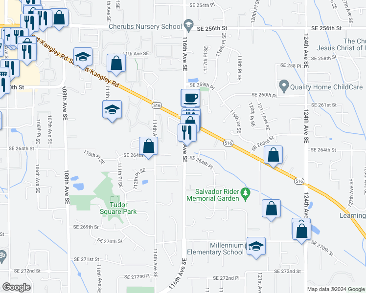 map of restaurants, bars, coffee shops, grocery stores, and more near 26327 116th Avenue Southeast in Kent