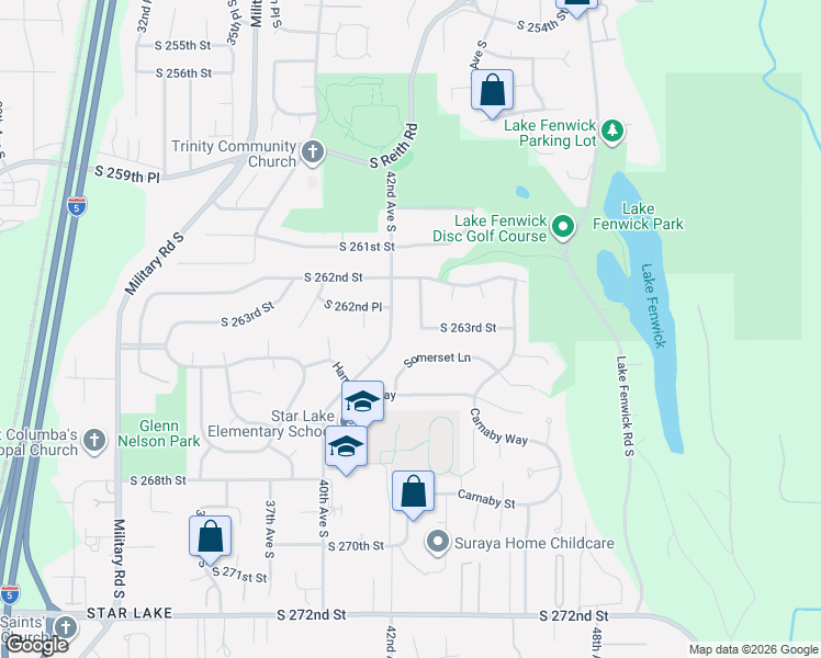 map of restaurants, bars, coffee shops, grocery stores, and more near 26242 43rd Avenue South in Kent