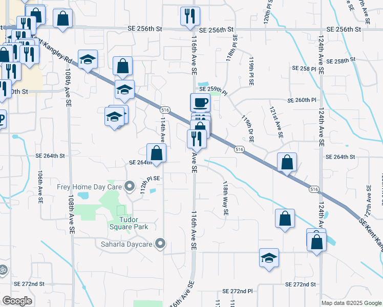 map of restaurants, bars, coffee shops, grocery stores, and more near 26335 116th Avenue Southeast in Kent