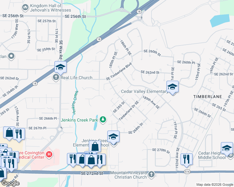 map of restaurants, bars, coffee shops, grocery stores, and more near 26404 187th Avenue Southeast in Covington
