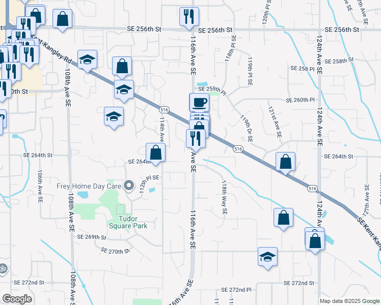 map of restaurants, bars, coffee shops, grocery stores, and more near 26331 116th Avenue Southeast in Kent