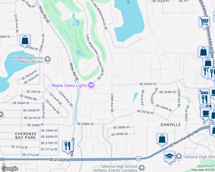 map of restaurants, bars, coffee shops, grocery stores, and more near 22739 Southeast 263rd Court in Maple Valley