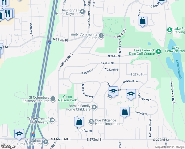 map of restaurants, bars, coffee shops, grocery stores, and more near 26418 Yale Court in Kent